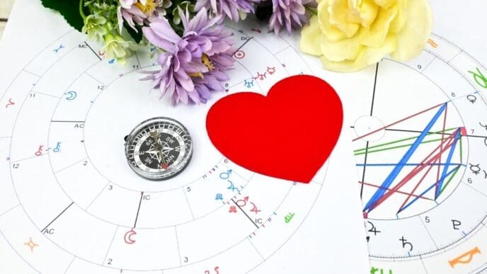 Printed astrology birth chart with crystals, a compass, and a heart, representing life mapping and spiritual concepts.