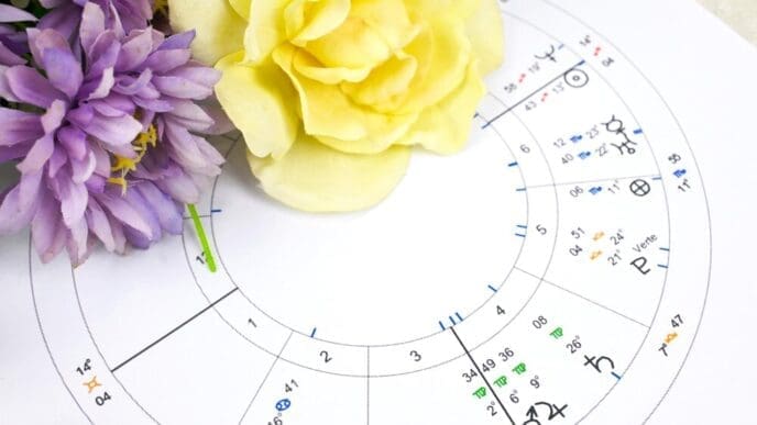 Printed astrology birth chart next to a bouquet of white roses, likely at a workplace.