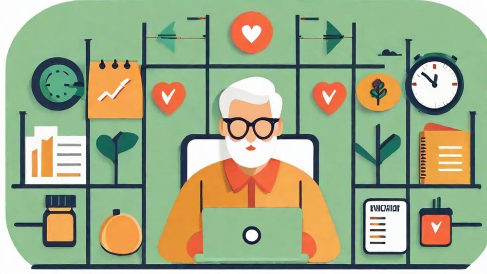 A graphic shows a stylized illustration of a senior citizen with a heart symbol, representing the importance of health for older adults.