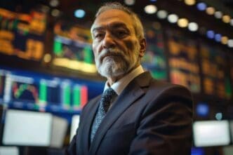 Middle-aged businessman in a suit stands in front of a stock market screen, likely in a stock exchange.