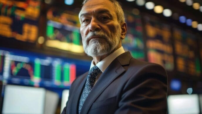 Middle-aged businessman in a suit stands in front of a stock market screen, likely in a stock exchange.
