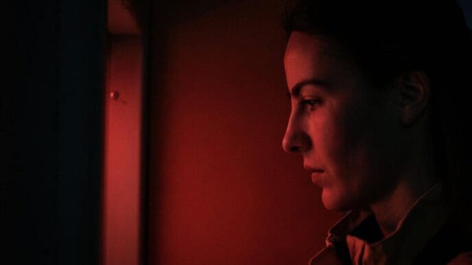 Profile of a young woman standing in a dark room, illuminated by an unseen light source.