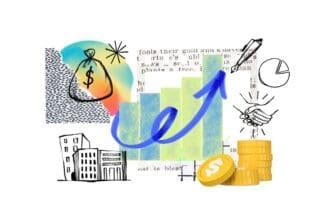 A hand-drawn style doodle depicts a rising line graph with a dollar sign, representing profit growth, on a transparent background.