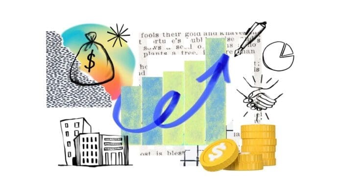 A hand-drawn style doodle depicts a rising line graph with a dollar sign, representing profit growth, on a transparent background.