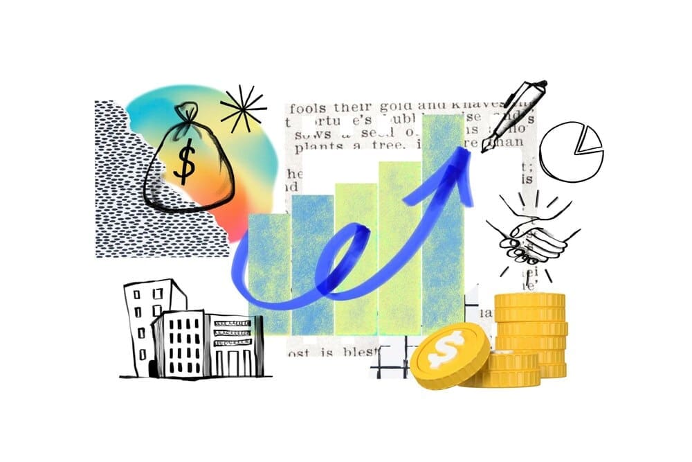 A hand-drawn style doodle depicts a rising line graph with a dollar sign, representing profit growth, on a transparent background.