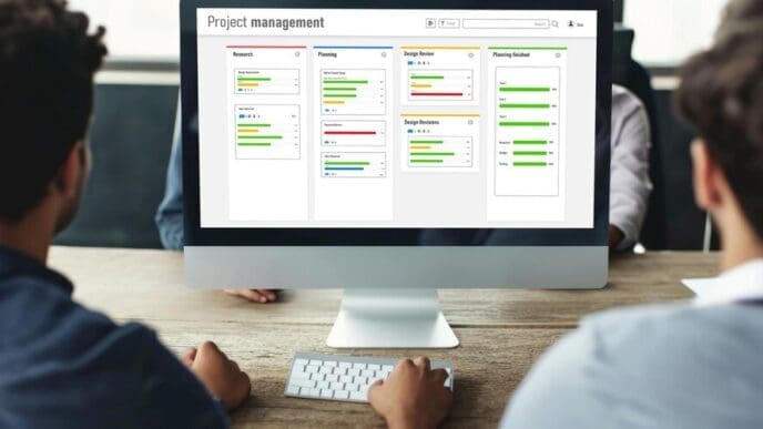 A screen displays project planning software with various tools and features for managing a business project.