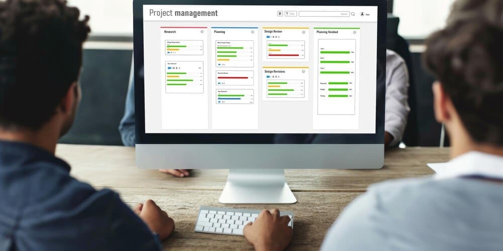 A screen displays project planning software with various tools and features for managing a business project.
