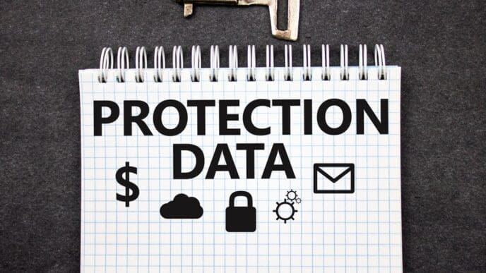 A conceptual image depicts a lock protecting data, correspondence, and finances within a cloud setting.