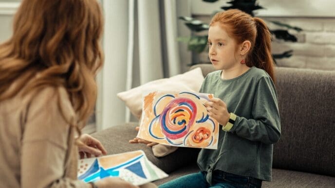 A smiling girl holds a colorful painting and appears to be discussing it.