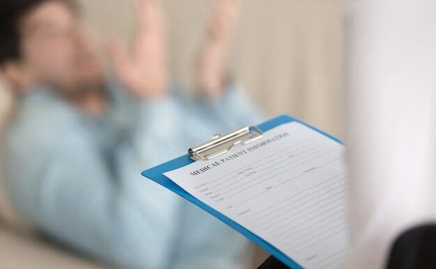 A close-up on a clipboard displaying a "Medical Patient Information" form, held by a blurred medical professional, with a patient lying on a couch in the background during a consultation.