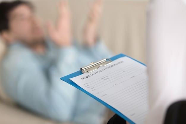 A close-up on a clipboard displaying a "Medical Patient Information" form, held by a blurred medical professional, with a patient lying on a couch in the background during a consultation.