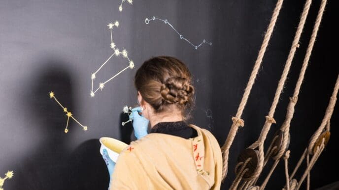 Woman painting star constellations on a chalkboard in a room designed to resemble a ship's deck.