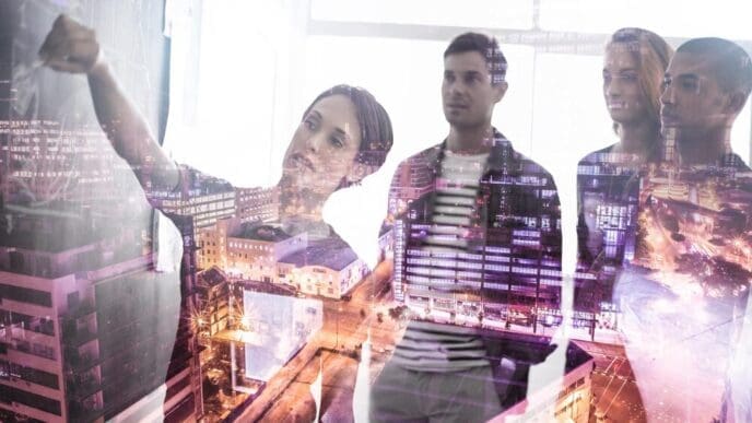 Multiple exposure image of businesspeople collaborating on city plans, overlaid on a cityscape.