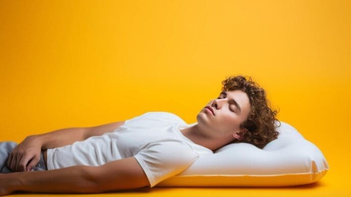 A young man reclines on a colorful inflatable mattress, appearing relaxed against a vibrant background.