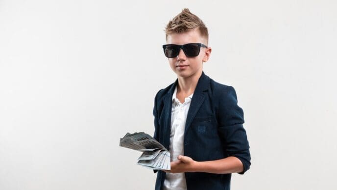 A young person with a smug expression holds a large stack of money, implying financial wealth.