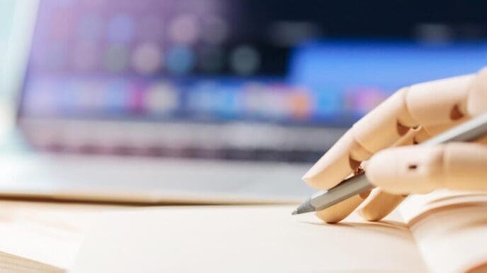 A robotic hand holds a pencil near a notebook and laptop, suggesting artificial intelligence or automation in writing.