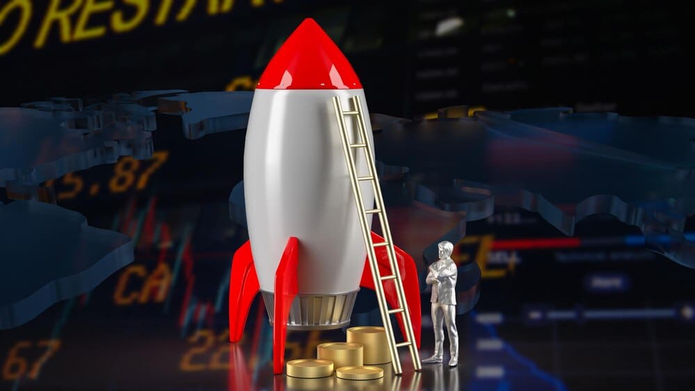 3D rendering of a rocket with coins on a chart background, representing a business concept.