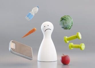 A 3D rendering depicts a sad, depressed person struggling with weight, body image issues, and the disappointment of dieting and exercise.
