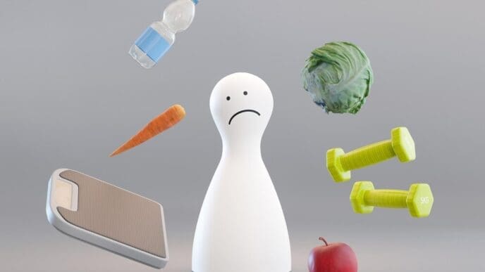 A 3D rendering depicts a sad, depressed person struggling with weight, body image issues, and the disappointment of dieting and exercise.
