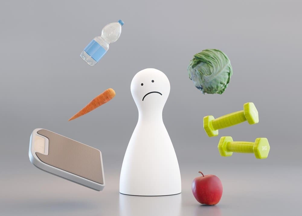 A 3D rendering depicts a sad, depressed person struggling with weight, body image issues, and the disappointment of dieting and exercise.