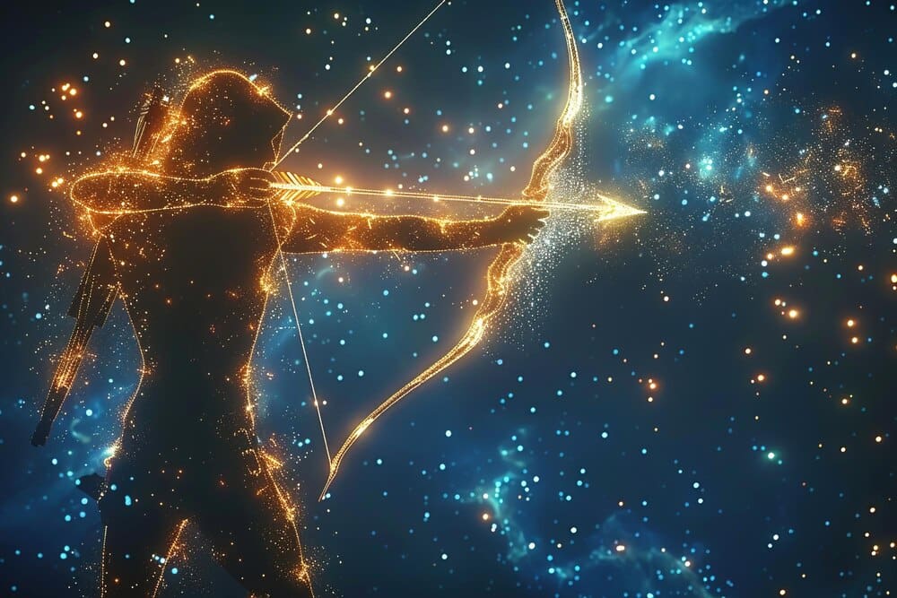 A Sagittarius figure, representing the zodiac sign, draws back the string of a bow, with an arrow pointed towards the constellation.