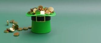 A three-dimensional rendering shows a green leprechaun hat overflowing with golden coins, symbolizing fortune and good luck for Saint Patrick's Day.