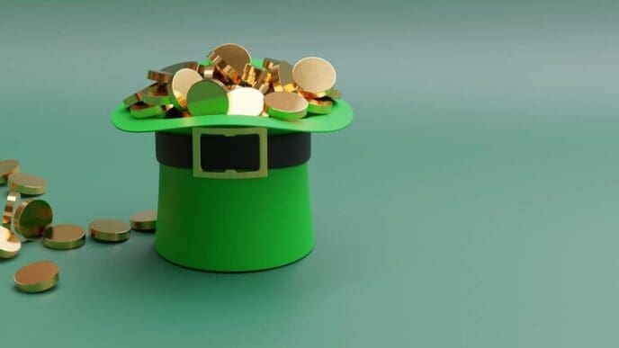 A three-dimensional rendering shows a green leprechaun hat overflowing with golden coins, symbolizing fortune and good luck for Saint Patrick's Day.