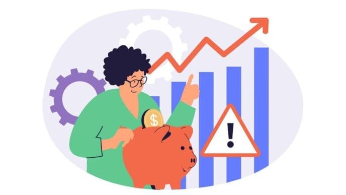 Illustration of a woman collecting coins in a piggy bank, analyzing financial data on a chart with an upward-pointing arrow, and other people, representing the concept of saving money and financial growth.