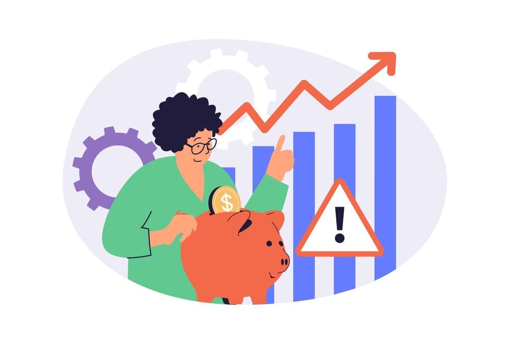 Illustration of a woman collecting coins in a piggy bank, analyzing financial data on a chart with an upward-pointing arrow, and other people, representing the concept of saving money and financial growth.