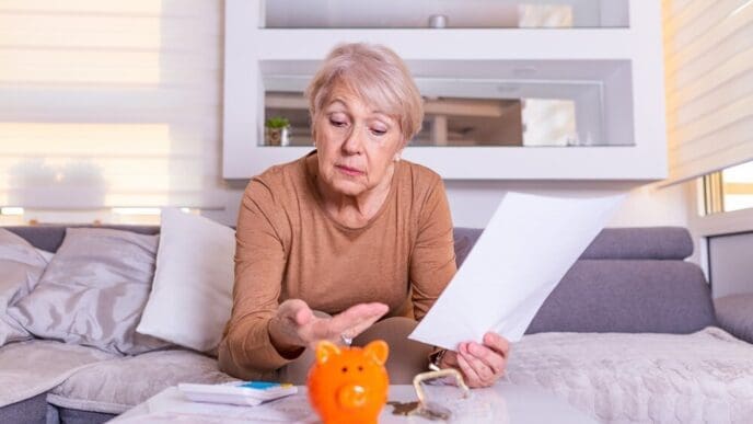 A senior woman puts a coin into a piggy bank while calculating the money inside.