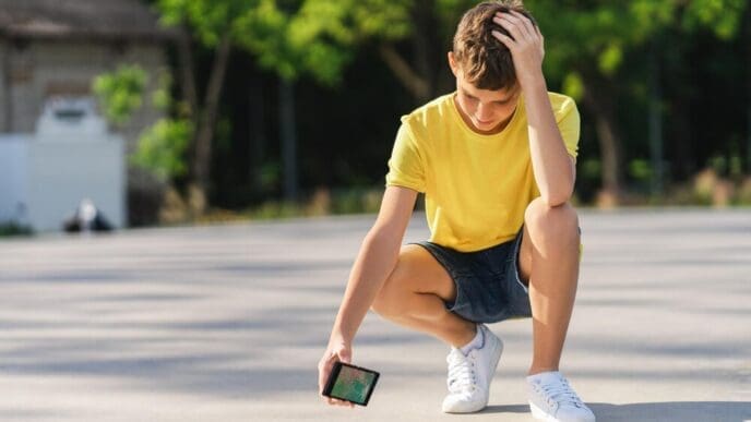 A young boy with a sad expression holds a broken mobile phone while standing at a skatepark.