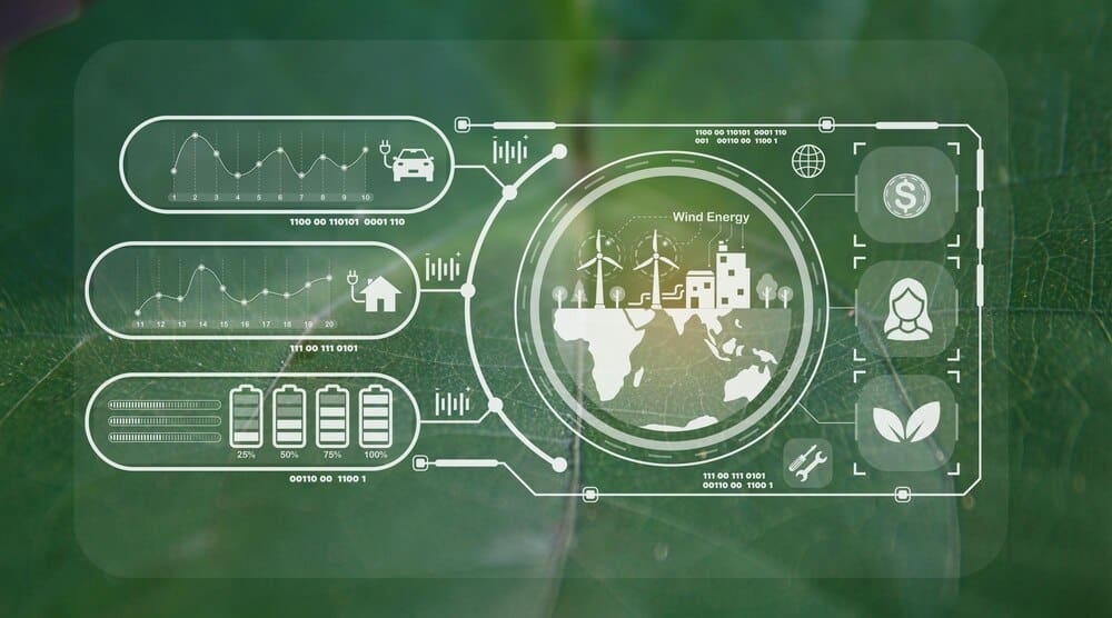 A digital screen displays a world map with the word "power" superimposed on it.