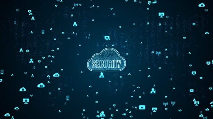 Illustration of a cloud with digital security locks overlaid, representing secure cloud computing.