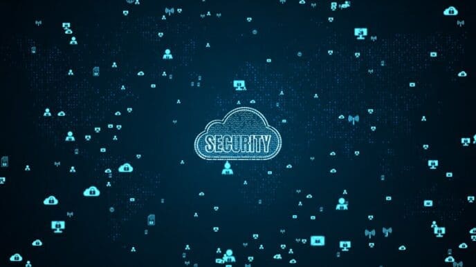 Illustration of a cloud with digital security locks overlaid, representing secure cloud computing.