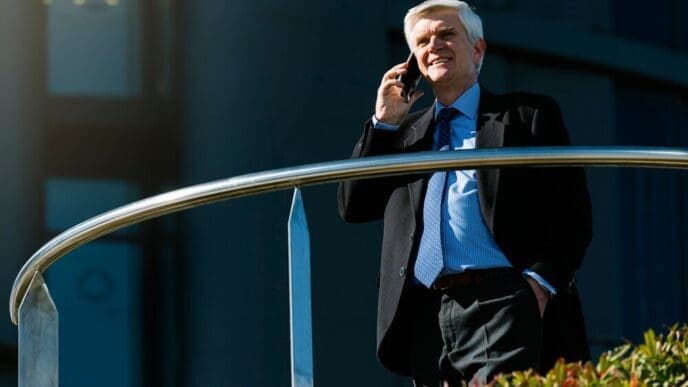 A senior businessman in a suit stands on a city street, possibly representing a business concept.