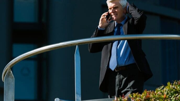 A senior businessman in a suit walks down a city street, likely symbolizing business success or experience.