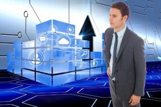 A serious businessman stands with his hand on his hip against a background of a technological arrow.