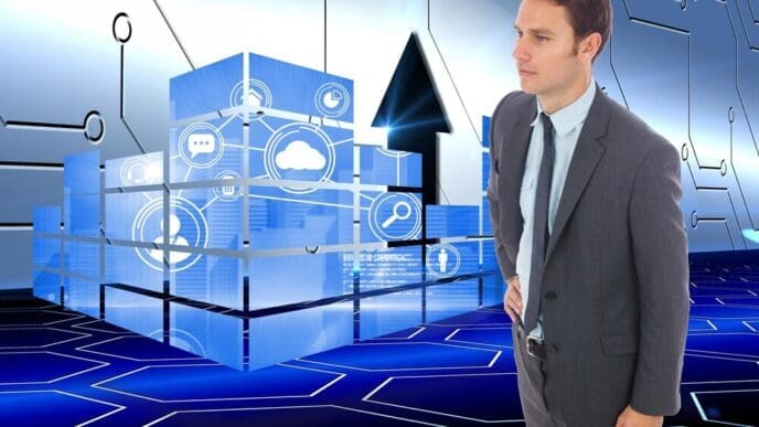 A serious businessman stands with his hand on his hip against a background of a technological arrow.