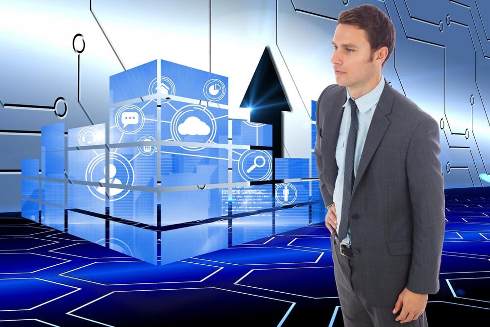 A serious businessman stands with his hand on his hip against a background of a technological arrow.