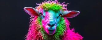 A sheep with a colorful, rainbow-colored wool coat.