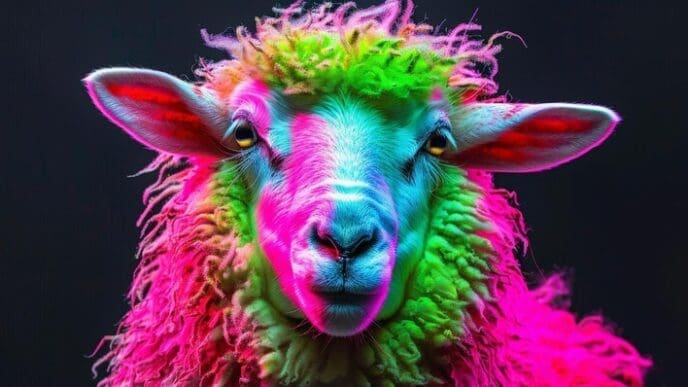 A sheep with a colorful, rainbow-colored wool coat.