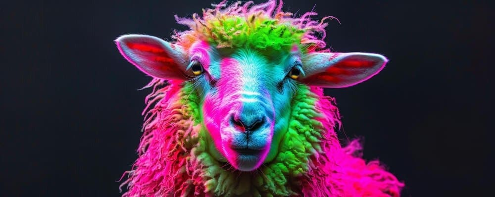A sheep with a colorful, rainbow-colored wool coat.