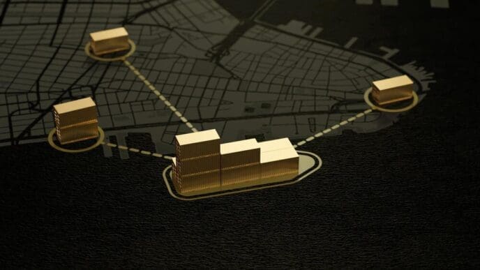 3D rendering of stacked shipping containers, illustrating product shipping and logistics.
