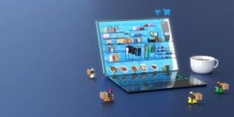A laptop displays an online shopping mall with a delivery person and a cup of coffee.