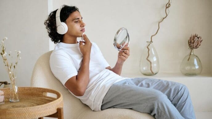 A mixed-race man applies face toner while listening to music on headphones.