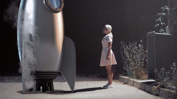 Woman stands beside a rocket, viewed from the side.