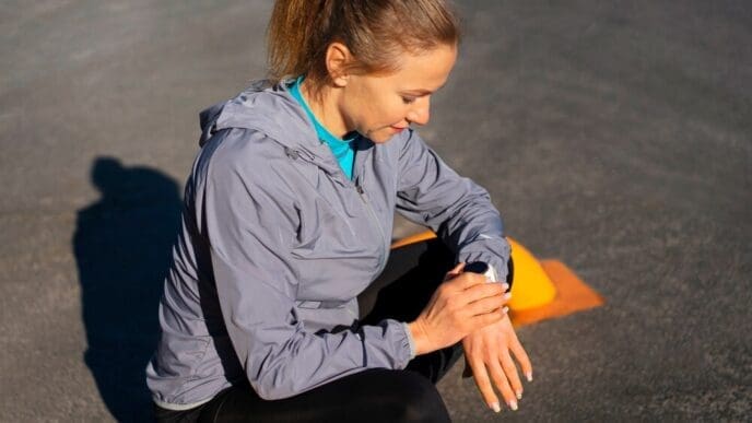 A woman in athletic wear trains outdoors, viewed from the side.