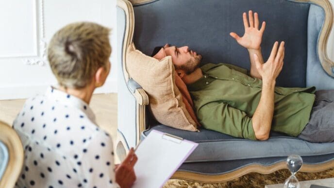 Side view of a young, white man on a couch gestures with his hands while talking during a therapy session.