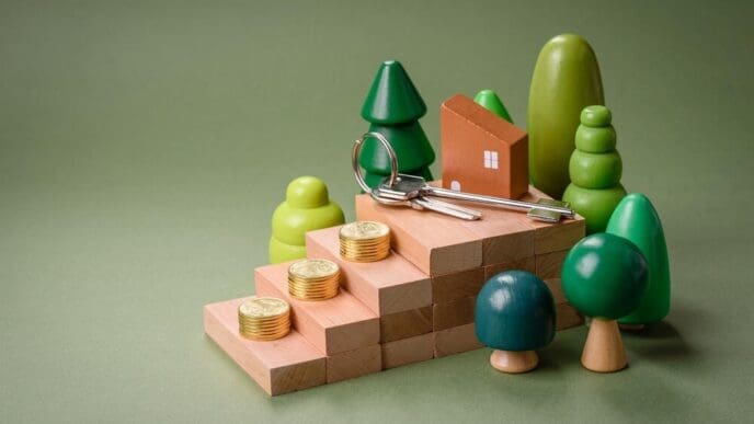 A miniature wooden house sits next to a pile of coins and keys, symbolizing homeownership and investment.