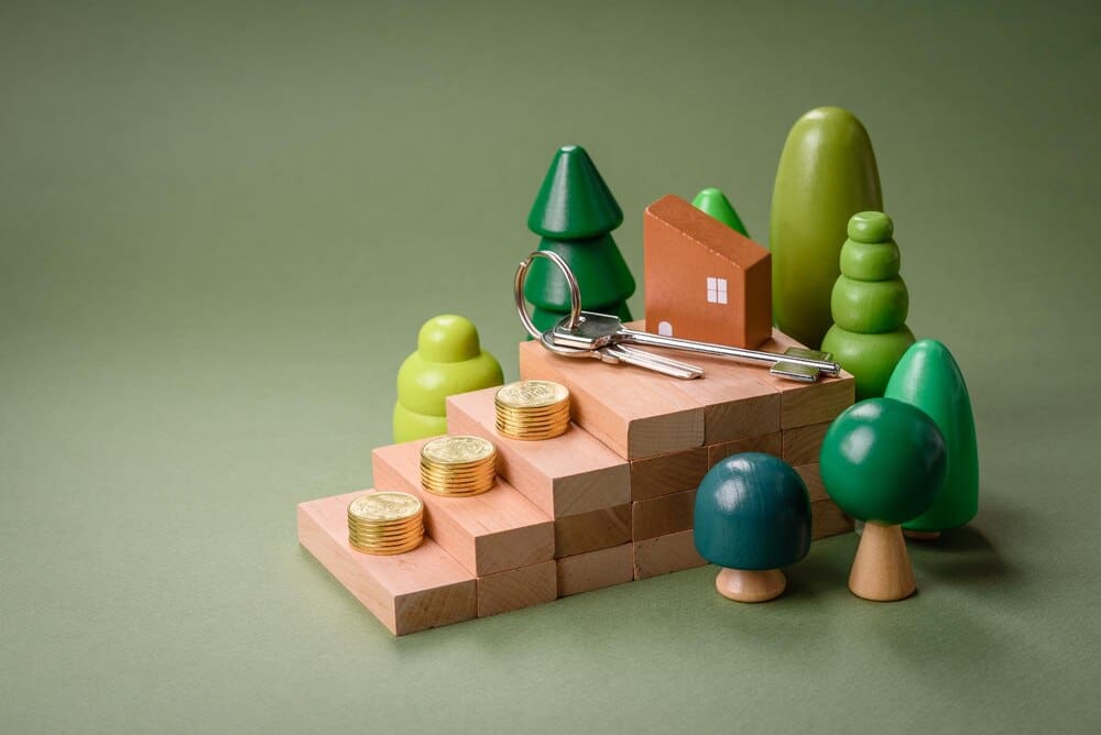 A miniature wooden house sits next to a pile of coins and keys, symbolizing homeownership and investment.